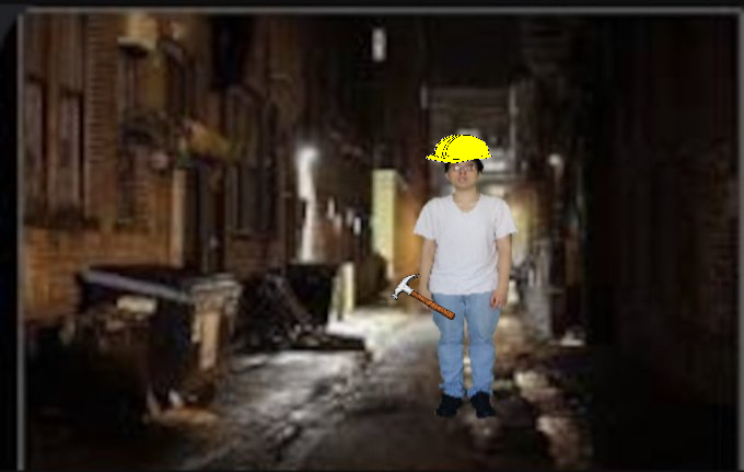 a man named baaulp in a dark abandoned alleyway. he is badly photoshopped and fitted into the background image. clipart of a hard hat and hammer is also badly photoshopped onto him.