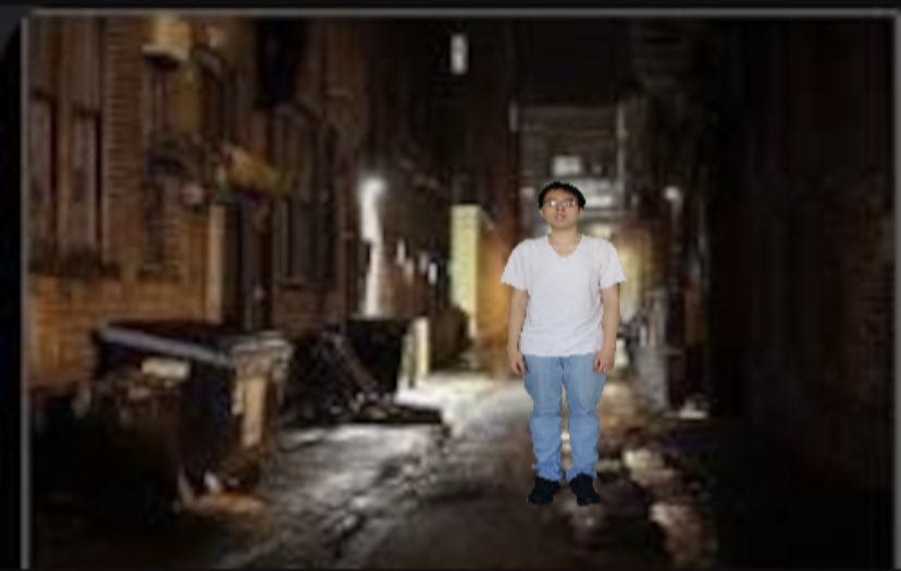 a man named baaulp in a dark abandoned alleyway. he is badly photoshopped and fitted into the background image.